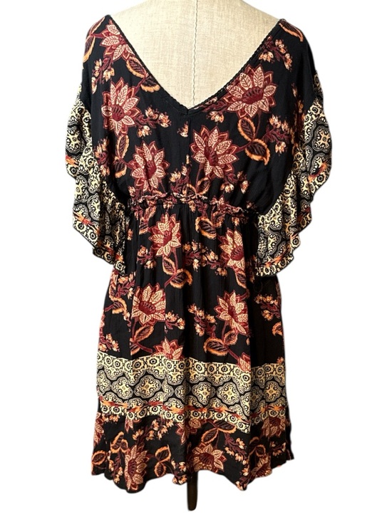 Angie Boho Mini Dress Womens Medium Black Floral Patchwork Button Front Flowy - Picture 3 of 9